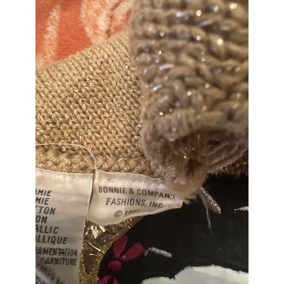 VTG Bonnie Boerer S/P Cream Gold Metallic Sweater Japanese Geisha Applique EUC - Picture 7 of 9